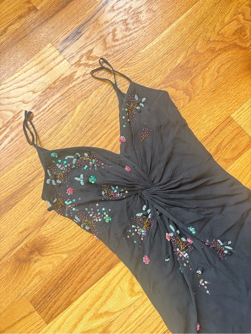 Sue Wong Black Silk Handkerchief-Hem Dress with floral Beading - Picture 2 of 8